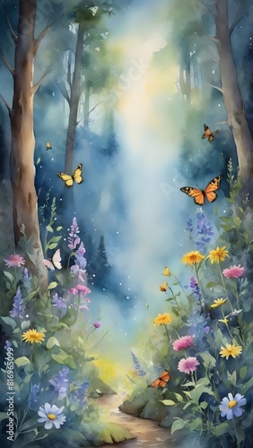 Fototapeta Naklejka Na Ścianę i Meble -  A wall decoration full of butterflies and flower trees on a watercolor background of light blue, light green etc. was created by artificial intelligence.
