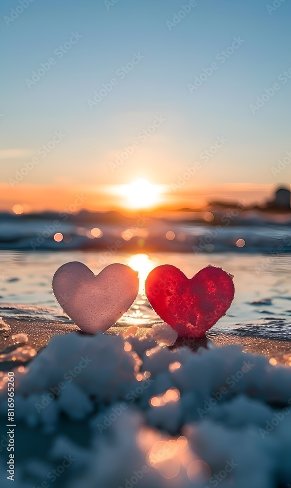 Fototapeta premium Two hearts are placed on the beach, one red and one white. The sun is setting in the background, creating a romantic and peaceful atmosphere. Generative AI