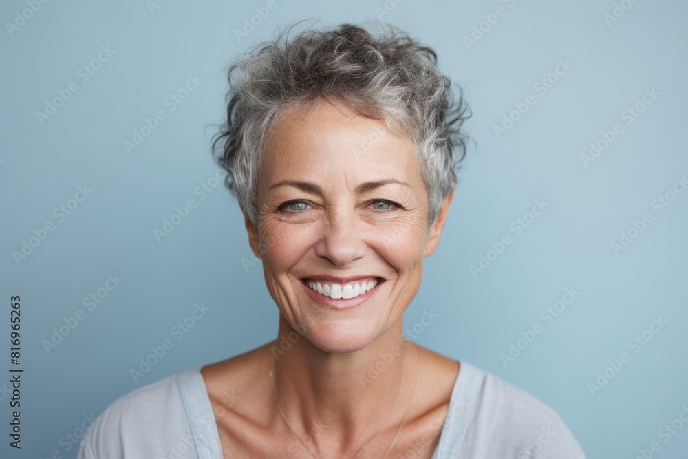 Portrait of a grinning woman in her 50s smiling at the camera isolated on soft teal background Portrait of a grinning woman in her 50s smiling at the camera isolated on soft teal background