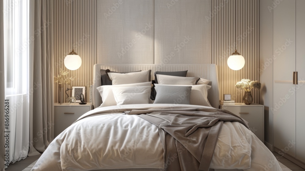 Minimalistic Bedroom with Light Beige Decor and Elegant Furniture, Bright and Airy Interior, Ideal for Contemporary Home Design and Comfort Minimalistic Bedroom with Light Beige Decor and Elegant Furniture, Bright and Airy Interior, Ideal for Contemporary Home Design and Comfort