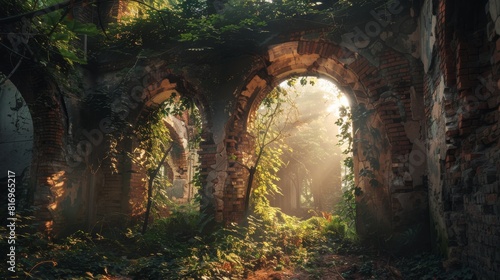 Sunlit archway in overgrown ruins