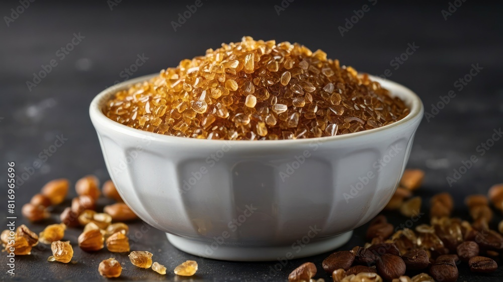 Golden brown demerara sugar granules piled high on a white plate with a soft focus Golden brown demerara sugar granules piled high on a white plate with a soft focus