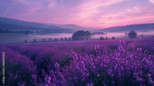 Sunset over a field of purple wildflowers