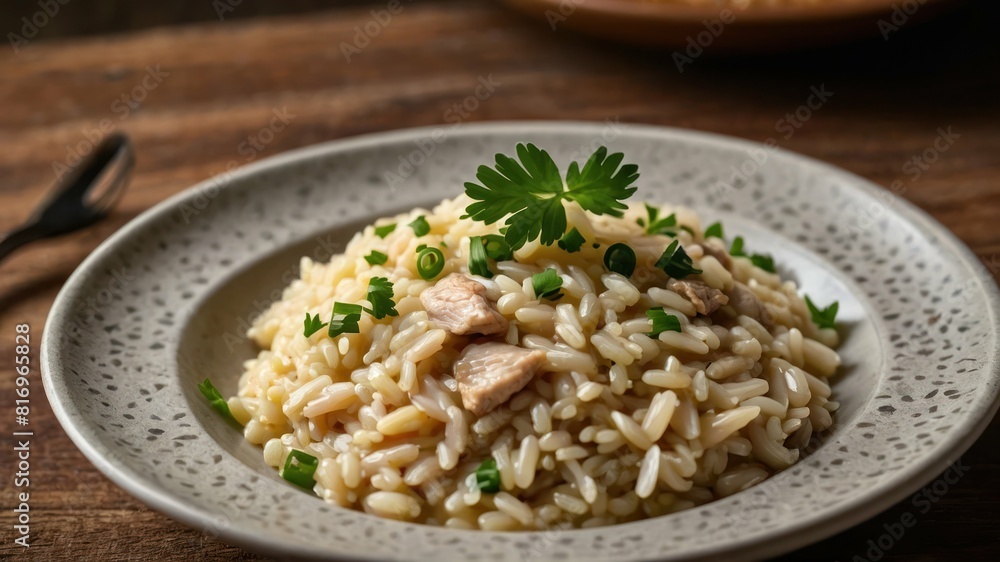 A bowl of creamy risotto garnished with parsley and chives on a wooden table A bowl of creamy risotto garnished with parsley and chives on a wooden table