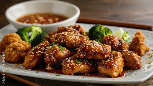 Golden brown sesame chicken with broccoli and dipping sauce on a white platter