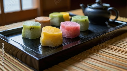 A colorful display of Japanese wagashi sweets arranged on a tray