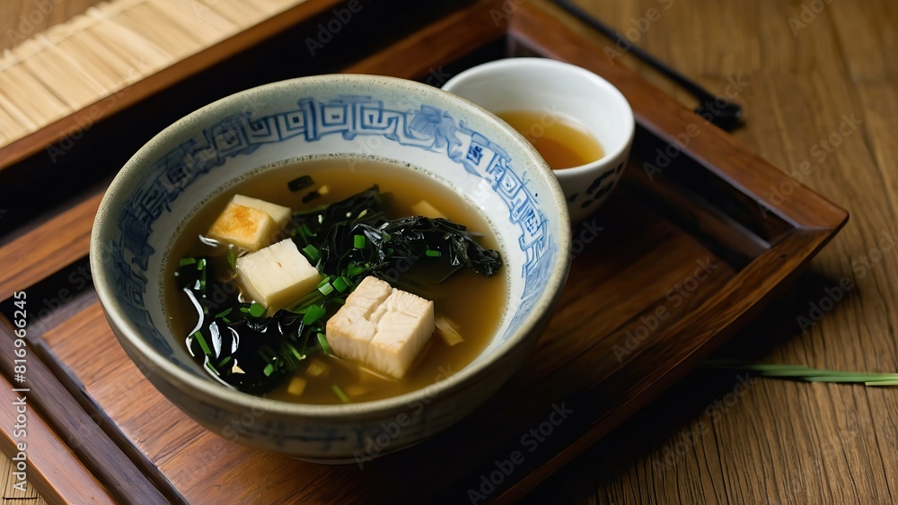 A steaming bowl of traditional miso soup with tofu, seaweed, and tea on a wooden tray. A steaming bowl of traditional miso soup with tofu, seaweed, and tea on a wooden tray.