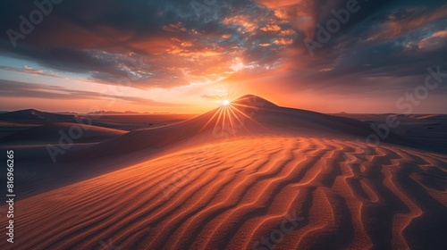 Sunset over desert dunes for travel or nature themed designs