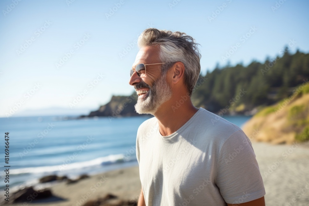 Fototapeta premium Portrait of a happy man in his 50s laughing over soft teal background