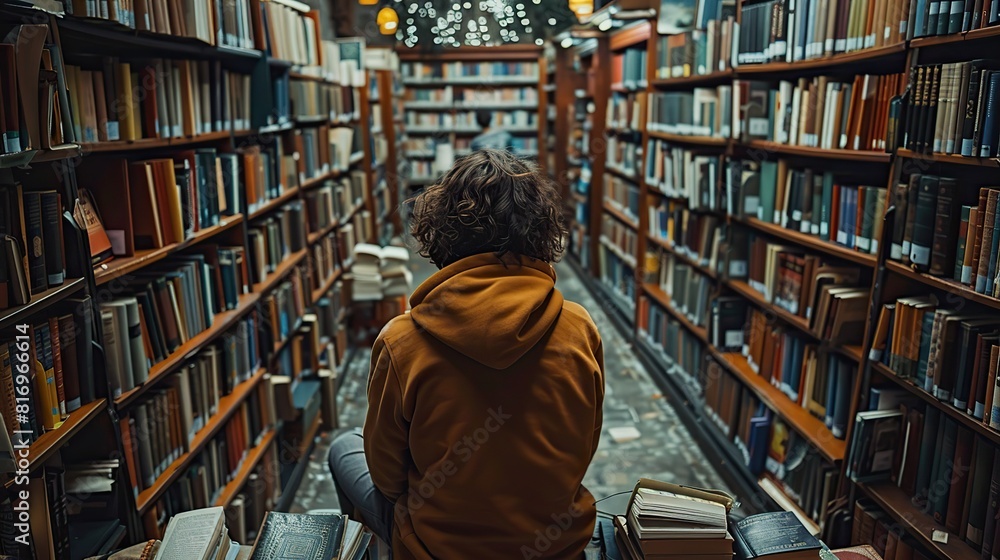 student sitting in a library surrounded by books, symbolizing the vast amount of information and resources available to students for learning and research.stock image student sitting in a library surrounded by books, symbolizing the vast amount of information and resources available to students for learning and research.stock image