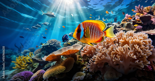 A vibrant underwater world teeming with exotic marine life: In the depths of a coral reef, life pulses in a dazzling array. Vivid coral formations in all the colors of the rainbow provide a stunning b photo