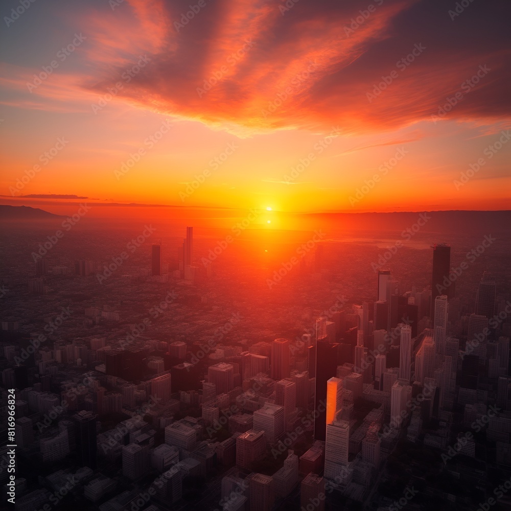 Obraz premium 夕焼けに染まる大都市の風景