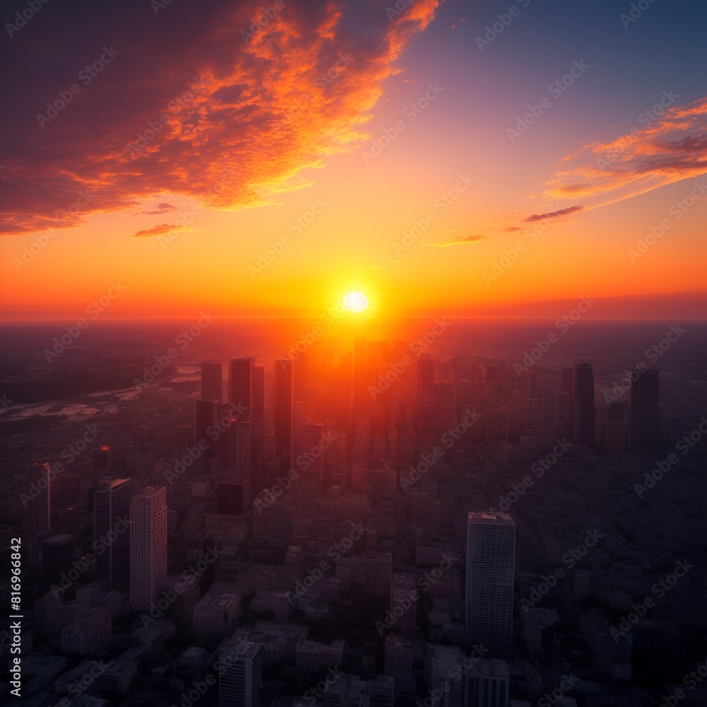 Fototapeta premium 夕焼けに染まる大都市の風景