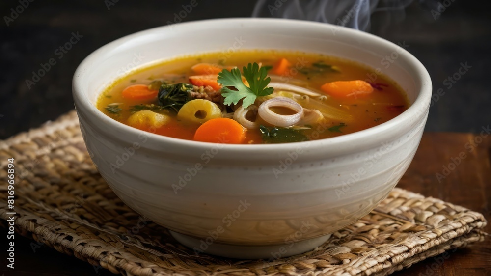 Steaming bowl of vegetable soup with carrots, peas, and parsley in ceramic dish Steaming bowl of vegetable soup with carrots, peas, and parsley in ceramic dish