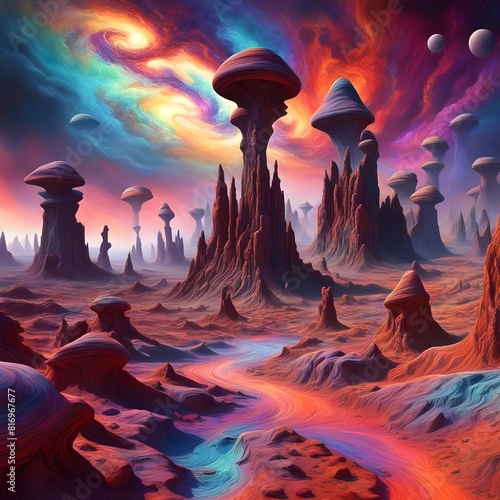Extraterrestrial Landscape: An alien landscape with strange rock formations and colorful skies. 