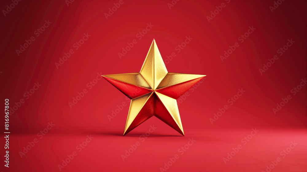 A three-dimensional golden and red star with a textured surface against a solid red background, creating a striking and bold visual. A three-dimensional golden and red star with a textured surface against a solid red background, creating a striking and bold visual.