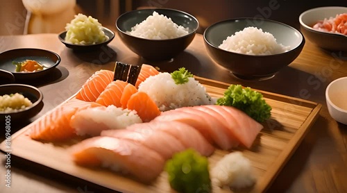 A Dynamic Journey of Sashimi, Ebi, and Japanese Rice, Embracing Clean Food.
 photo