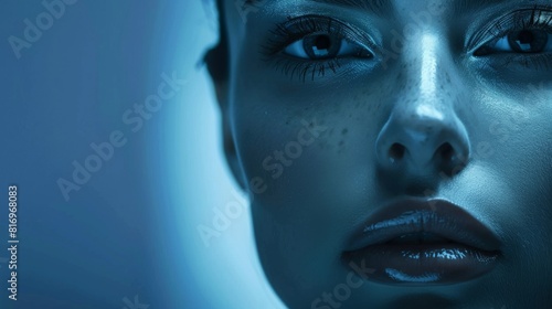Youthful face at dawn front view Youthful visage from night cream  Futuristic tone  Monochromatic Color Scheme