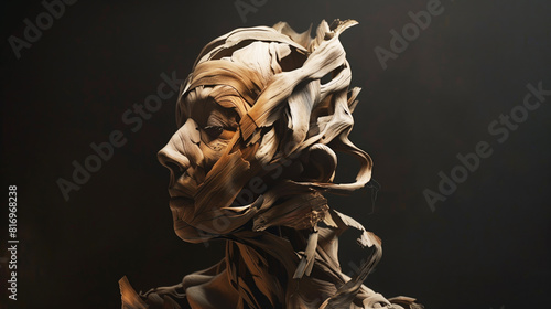 A striking artistic sculpture depicting a human head made from intricately twisted and layered wood pieces against a dark background  evoking a sense of movement and fluidity.