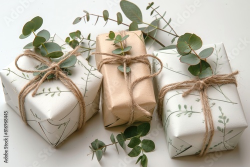 three beautifully wrapped gifts with natural kraft paper, twine, and eucalyptus sprigs. 