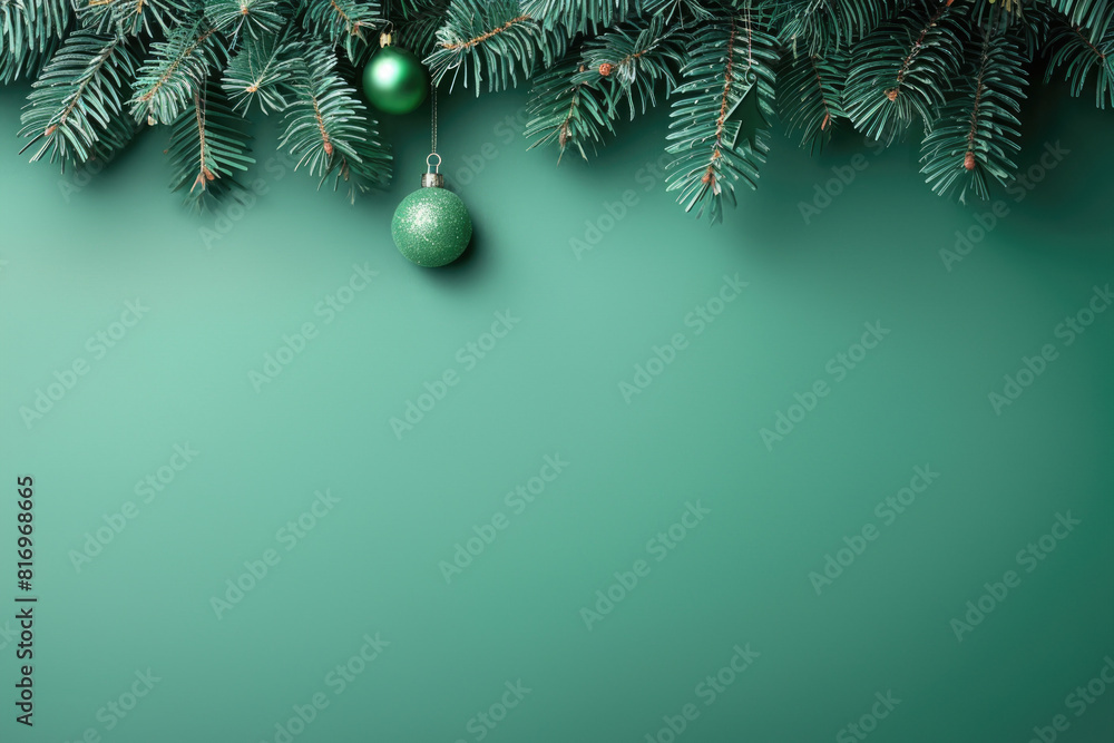 A green Christmas background with a branch of a Christmas tree at the top. A green Christmas background with a branch of a Christmas tree at the top.