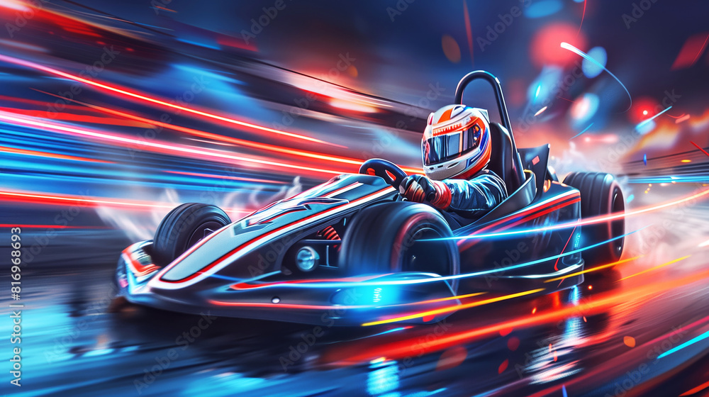Naklejka premium A dynamic and vibrant illustration of a go-kart racer speeding on a track with bright neon light trails emphasizing motion and high-speed racing.