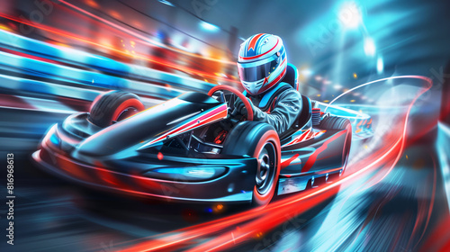 Dynamic image of a person driving a high-speed go-kart on a race track, wearing a racing suit and helmet with striking motion blur effects conveying speed. © Natalia