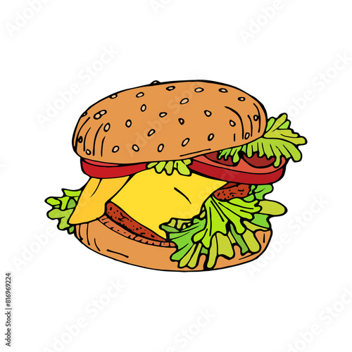 Fast food. Cheeseburger illustration, delicious popular food, vector image. Stylized images of food from fast food restaurants. Burger drawing
