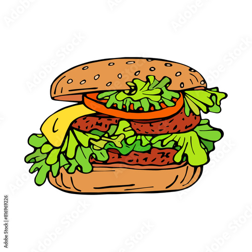 Fast food. Cheeseburger illustration, delicious popular food, vector image. Stylized images of food from fast food restaurants. Burger drawing