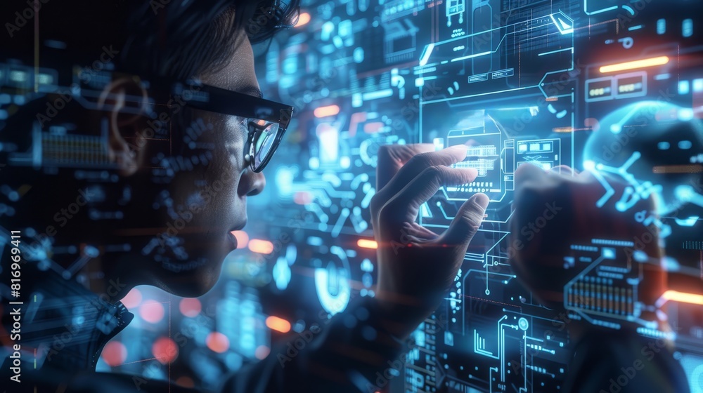man wearing glasses and a pensive expression, He is using a futuristic computer interface with his hands. man wearing glasses and a pensive expression, He is using a futuristic computer interface with his hands.