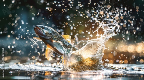 Trout jumping out of water for fishing or wildlife themed designs