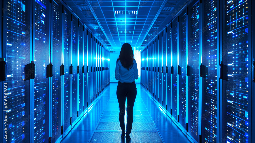 A person walks down the illuminated corridor of a data center, surrounded by server racks with glowing lights, symbolizing advanced technology and data management. A person walks down the illuminated corridor of a data center, surrounded by server racks with glowing lights, symbolizing advanced technology and data management.