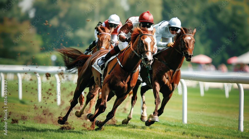 Dynamic image of horse racing, illustrating four jockeys competing on their horses, focused and determined, with spectators and green blurred background. Dynamic image of horse racing, illustrating four jockeys competing on their horses, focused and determined, with spectators and green blurred background.