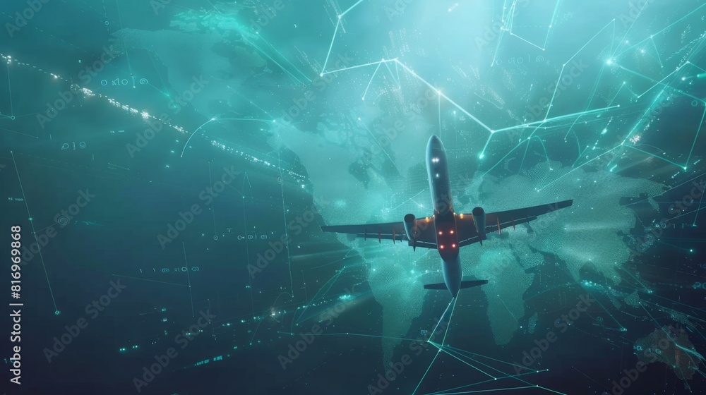 Create a visual of blockchain technology ensuring secure shipment tracking, with a transparent ledger interface showing the movement of cargo planes and drones Create a visual of blockchain technology ensuring secure shipment tracking, with a transparent ledger interface showing the movement of cargo planes and drones