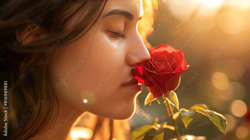 woman with her eyes closed, gently sniffing a single red rose. woman with her eyes closed, gently sniffing a single red rose.