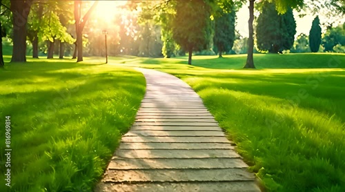 A Serene Summer Park with Sunlit Walkways and Lush
 photo