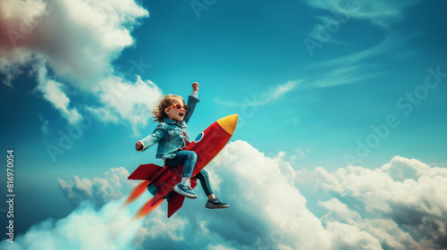 A child with sunglasses and a denim jacket joyfully rides a red toy rocket through the clouds, embracing playful imagination and adventure under a bright blue sky. photo