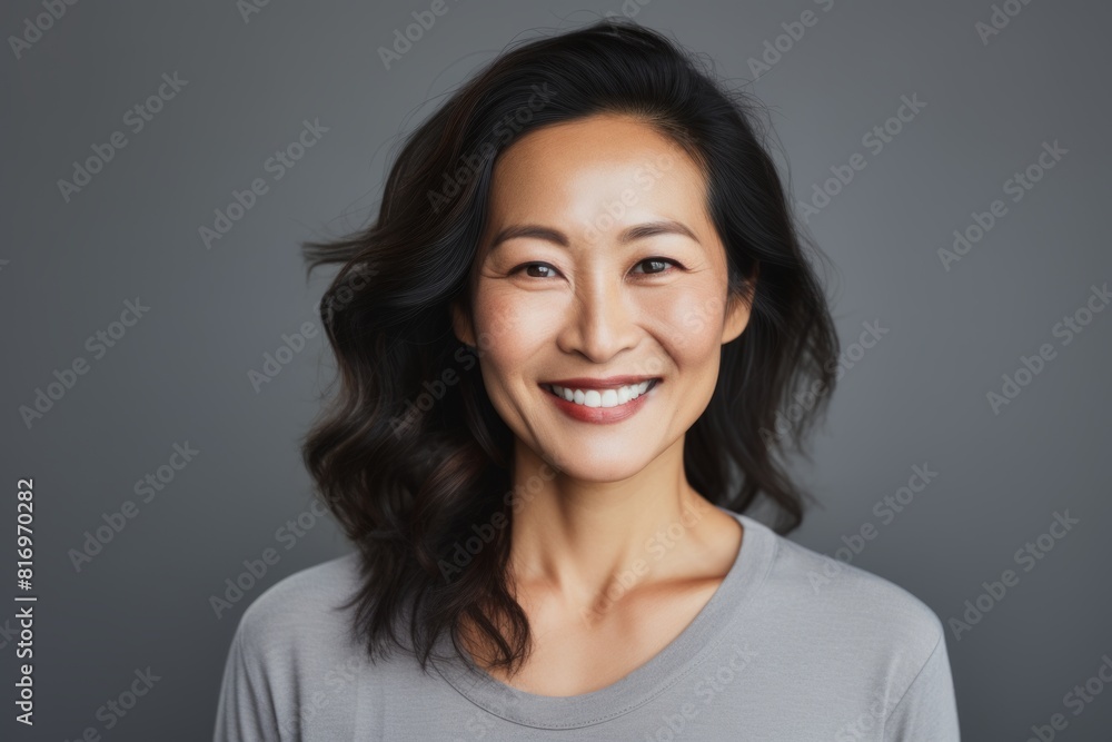 Portrait of a smiling asian woman in her 30s smiling at the camera in front of soft gray background Portrait of a smiling asian woman in her 30s smiling at the camera in front of soft gray background