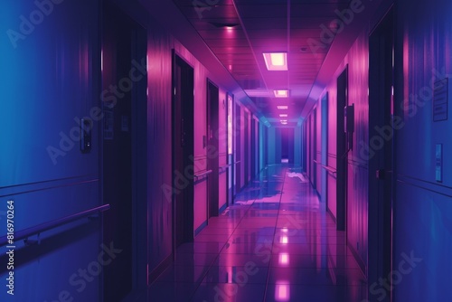 Vibrant neon glow fills a sleek hallway, creating a futuristic atmosphere in this nighttime setting