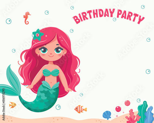 Birthday invitation with cute mermaid with beautiful eyes and red hair. Vector Illustration in flat style