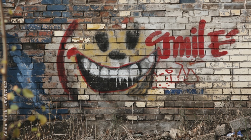 Smile graffiti that looks like it was spray-painted on a street brick wall Smile graffiti that looks like it was spray-painted on a street brick wall