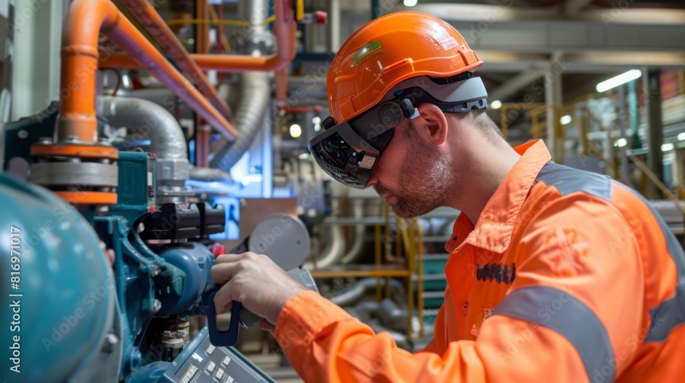 Create an image of augmented reality (AR) providing maintenance assistance, with technicians using AR glasses to access interactive guides and r Create an image of augmented reality (AR) providing maintenance assistance, with technicians using AR glasses to access interactive guides and r