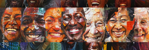 Colorful mural featuring smiling faces of diverse individuals. The artwork is composed of various geometric shapes creating a vibrant  abstract rendition of each face.