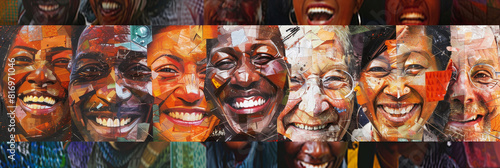 Colorful mural featuring smiling faces of diverse individuals. The artwork is composed of various geometric shapes creating a vibrant, abstract rendition of each face.