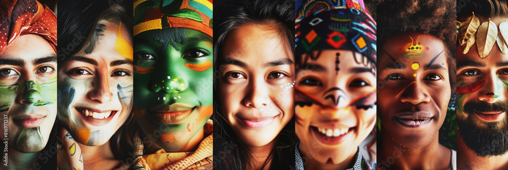 A diverse group of people with faces painted in vibrant colors and patterns, showcasing cultural diversity and artistic expression.