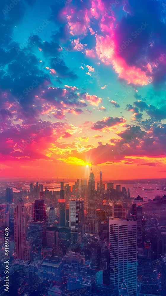 Obraz premium Rainbow Gradient Overlaid on Cityscape, Symbolizing the integration of LGBTQ individuals in society. High-Resolution.