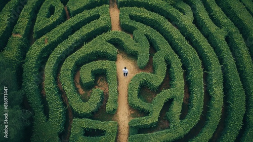 Intricate hedge maze with a person standing at the entrance