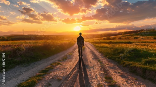 Person viewed from behind, standing at a rural crossroads at sunset