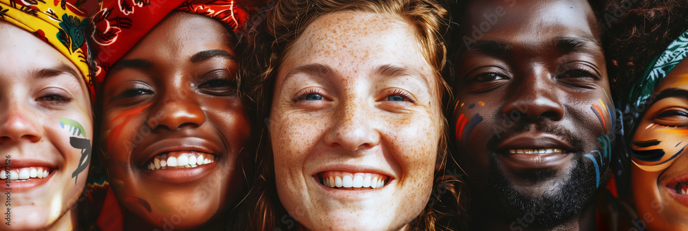 Close-up portrait of five diverse individuals smiling, all wearing colorful head wraps and face paint, celebrating cultural diversity and unity. Close-up portrait of five diverse individuals smiling, all wearing colorful head wraps and face paint, celebrating cultural diversity and unity.
