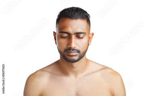 Indian man on white background. Before and After of hair loss treatment or transplant of a young Asian indian man against beige background. Healthcare and medical
